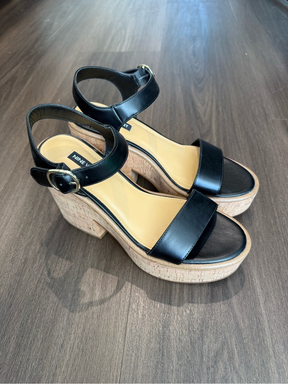 Nine West Black Platform Sandals with Cork Heel, Size 8.5